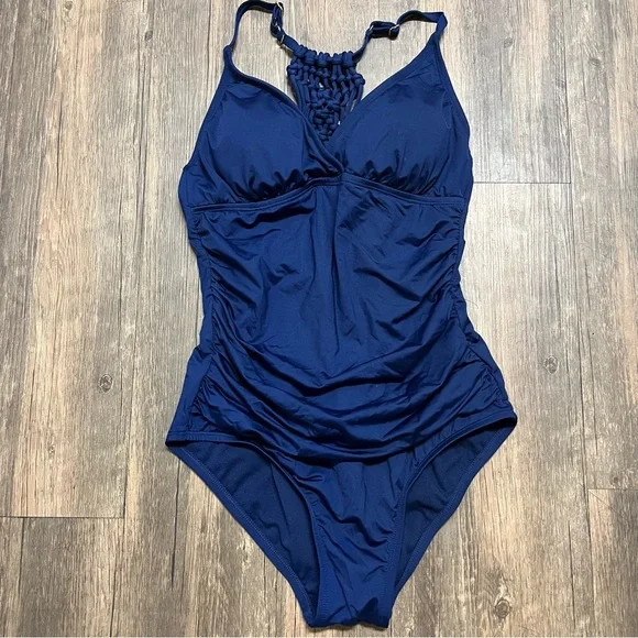 Jantzen Navy Blue Macrame Strappy Back One Piece Ruched Bathing Suit Swim M - Picture 4 of 14